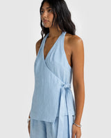 Kaleesi Linen Wrap Top // Sky