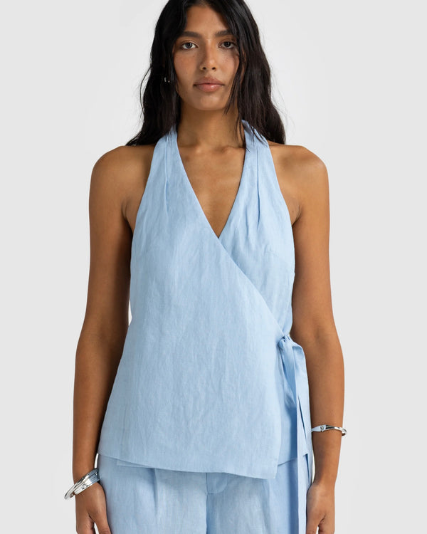 Kaleesi Linen Wrap Top // Sky